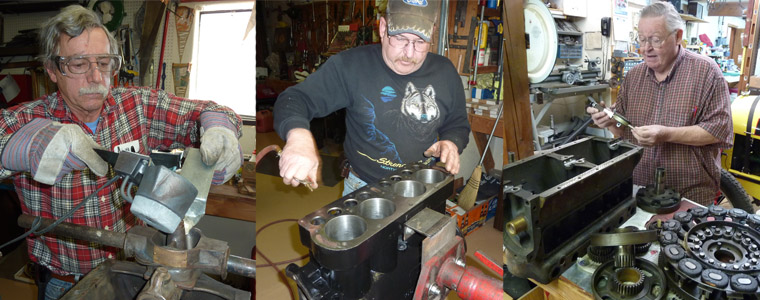 Larry pouring babbitt, Michael ready to assemble an engine, and Tom working on a transmission