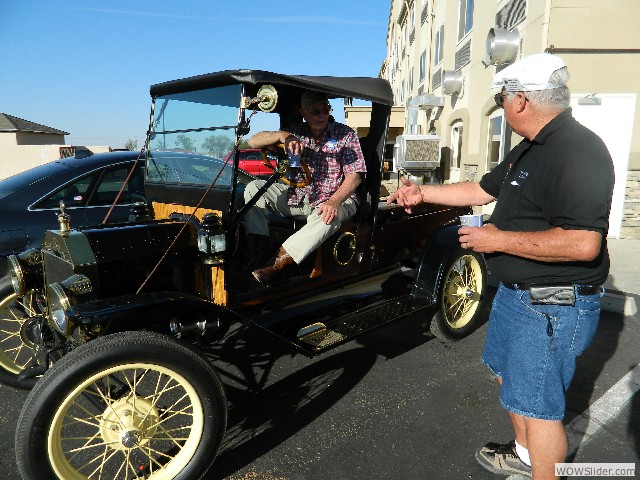Vern talking to Les Haley about his 1914 Express Runabout