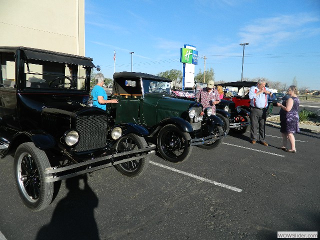 Mark's 1924 Model T coupe, Jerry and Vicky Harris' 1928 Model A roadster pickup, and the Ross' 1926 roadster