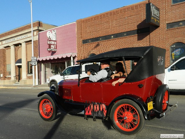 The Petersons arriving in their 1927 Model T touring car