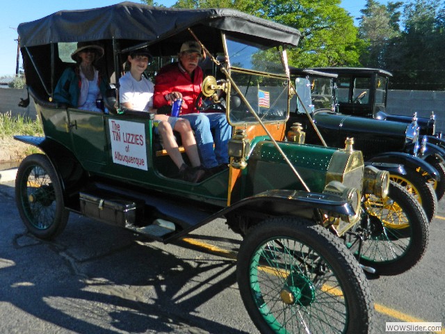 Larry, Lorna, and Cole arrive in their 1912 Model T touring car