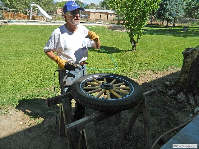 Paul preparing to grind off the excess threads on hub bolts