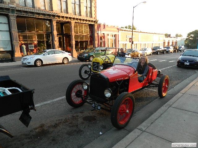 Larry and Lorna bringing their speedsters to the Plaza