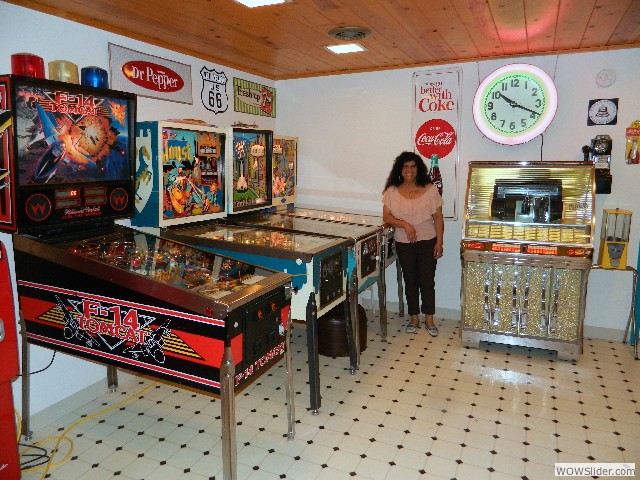 Gaby Stine with pinball machines