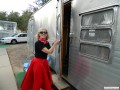 Lorna checking out her vintage trailer