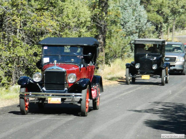 The Peterson's 1927 Model T touring car with the Dilt's in their 1923 coupe.  Tom and Kathy Miles are in the pickup.