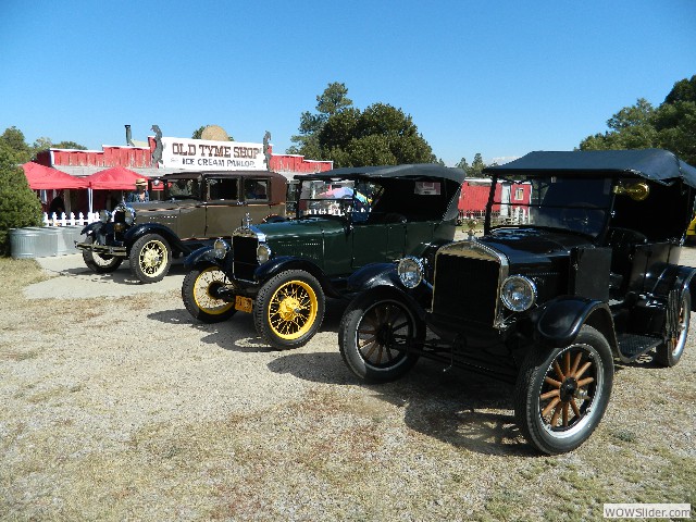 Steve Suttle's 1928 Model A, the Dominguez's 1927 Model T touring car, and the Willan's 1926 Model T touring car