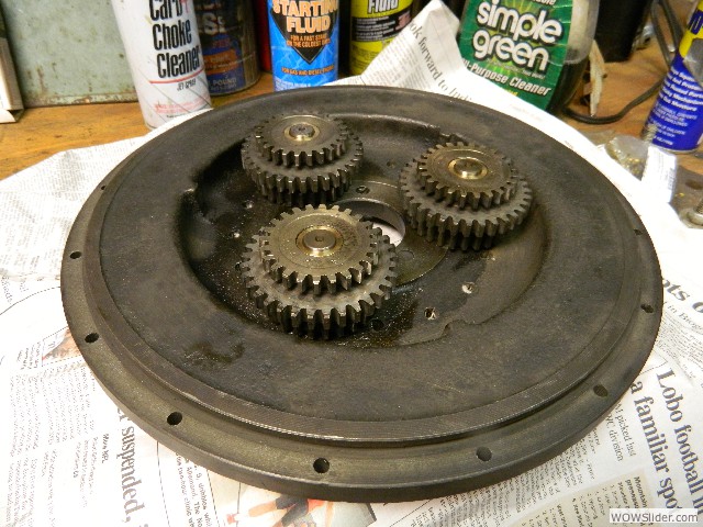 Mark's flywheel with new bearings for the triple gears.