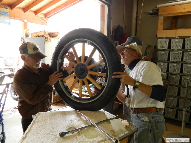 Keb and Paul preparing the new rear wheel and with Rocky Mountain brake.