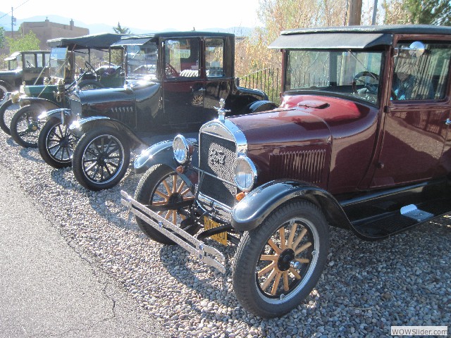 Don's 1927 Tudor, Steve's 1925 coupe, the Azevedo's 1912 touring, and Bruce's 1925 Tudor