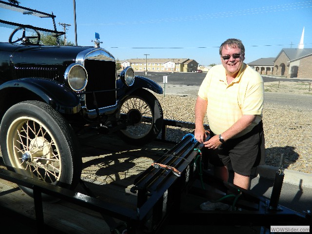 Russell unloading his 1926 Model T touring car from his trailer
