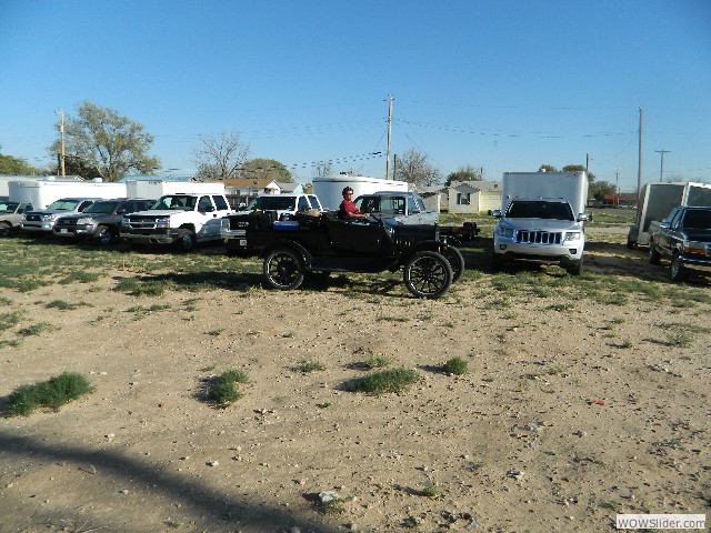 Kim driving her 1923 pickup truck to the hotel parking lot